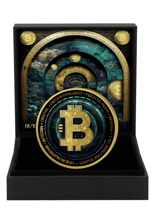 1 Unze Silber Yellow Shiny Bitcoin Iced Out (Auflage: 100 | teilvergoldet)